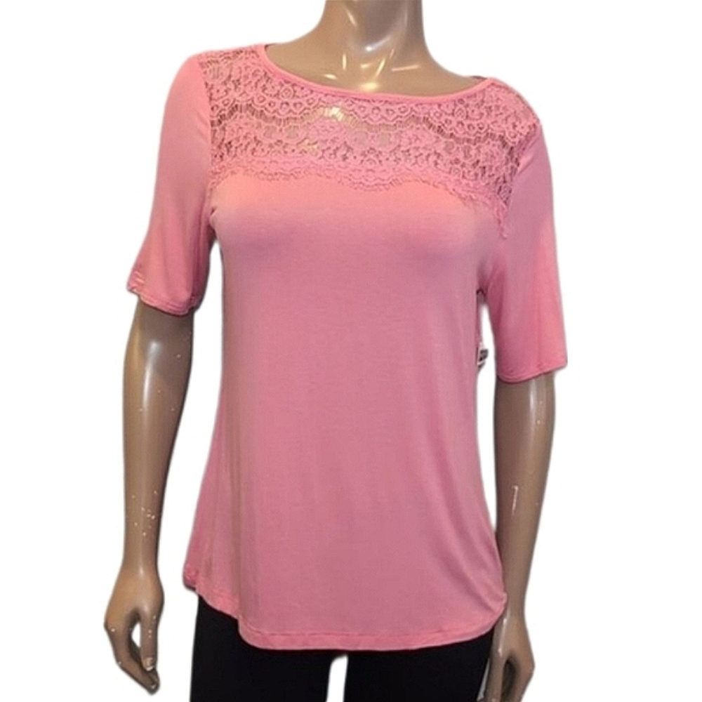 3/$20 Bay Studio Petite Short Sleeve Top Sheer Lace Yoke Stretchy Rayon Barbie